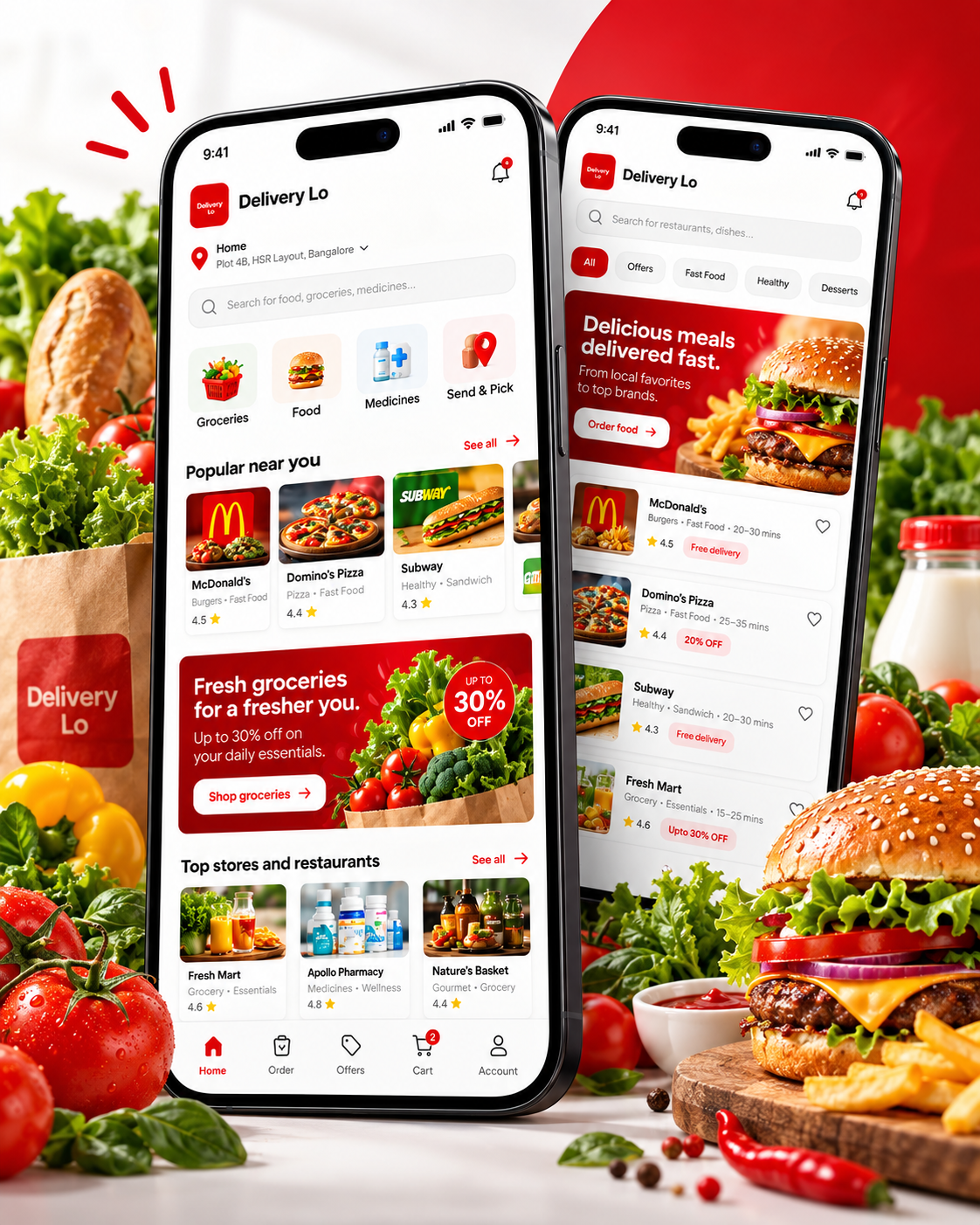 Delivery Lo app on two phones — groceries, food, and nearby stores.